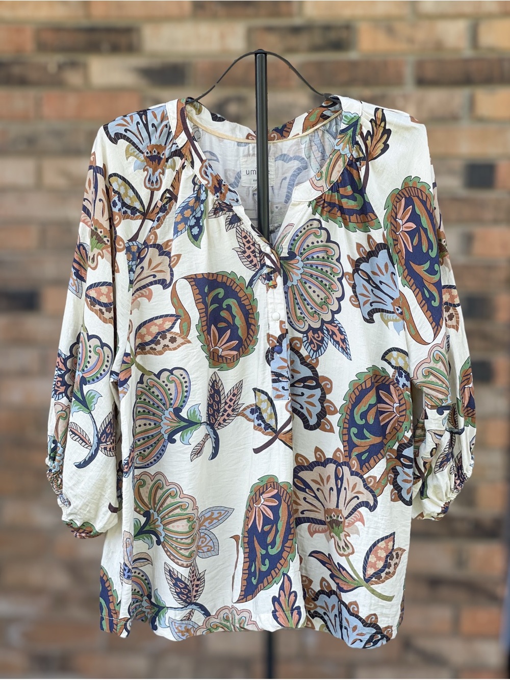 Umgee 1XL Floral Paisley Blouse Cream Boho Balloon Sleeve Tunic Top